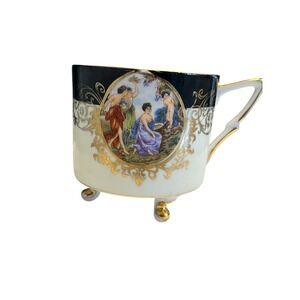 Vintage Royal Halsey Porcelain Tea Cup Footed Black White Design Medallions 3"